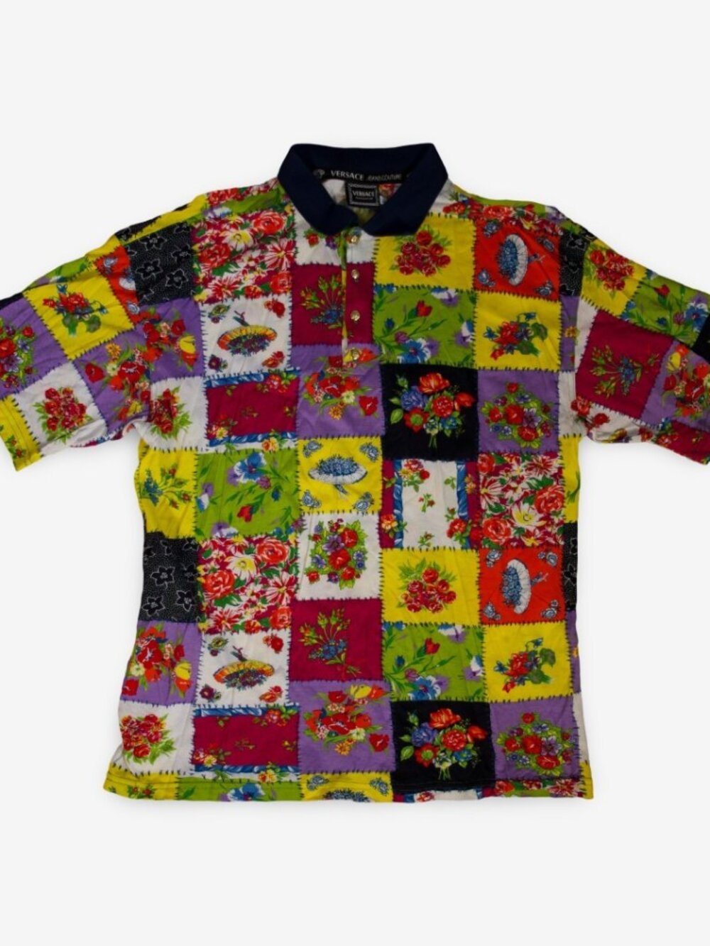 Vintage 90s Made in Italy Versace Jeans Couture Floral Patchwork Polo Shirt